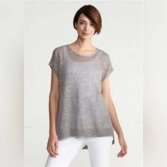 Eileen Fisher Linen Crocheted trim Lagenlook Tan open Knit Blouse Medium - Picture 1 of 9